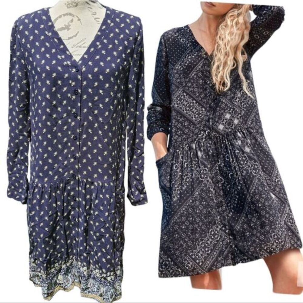 Garnet Hill Women's Dropwaist Button-Up Dress Long‎ Sleeve Boho Navy Floral 6